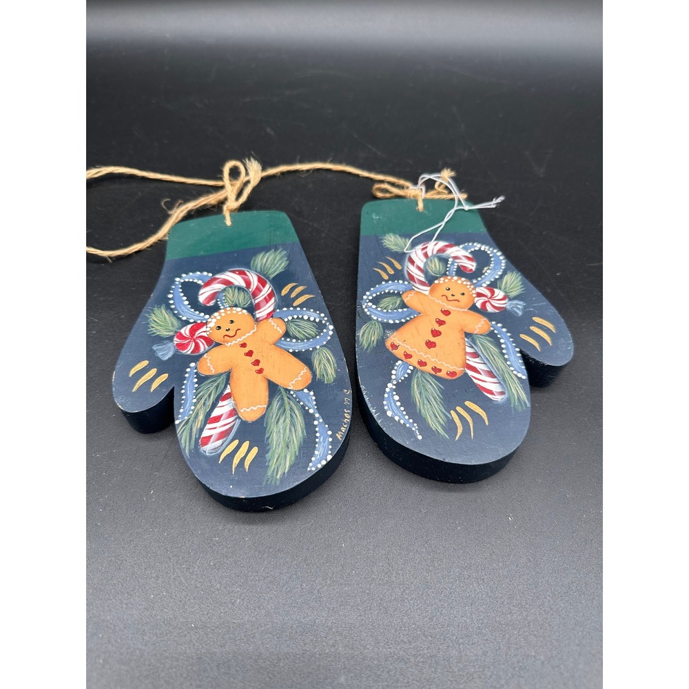 Hand Painted Gingerbread Mitten Decor Wood Christmas Folk Art Blue Green
